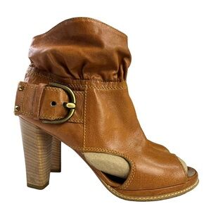 Vic‎ Matie Brown Leather Open Toe Buckle Heeled Ankle Boots Womens Size US8 EU38